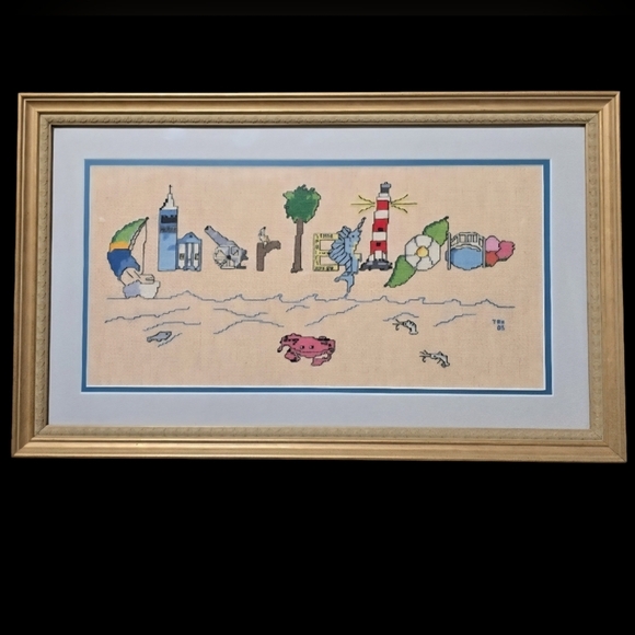 Framed Charleston Lowcountry Historical Complete Cross Stitch Pattern  23" x 14" - Picture 1 of 4